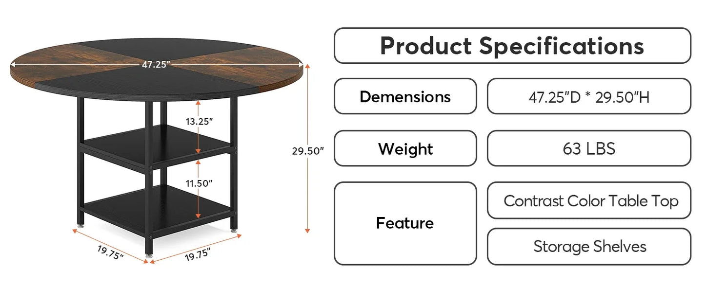 47" Round Solid Wood Dining Table for 4