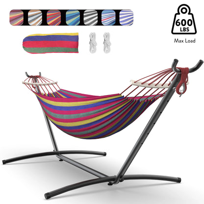 Double Hammock with Stand in outdoor setting – excellent choice for backyard relaxation hammock and patio enjoyment with friends.