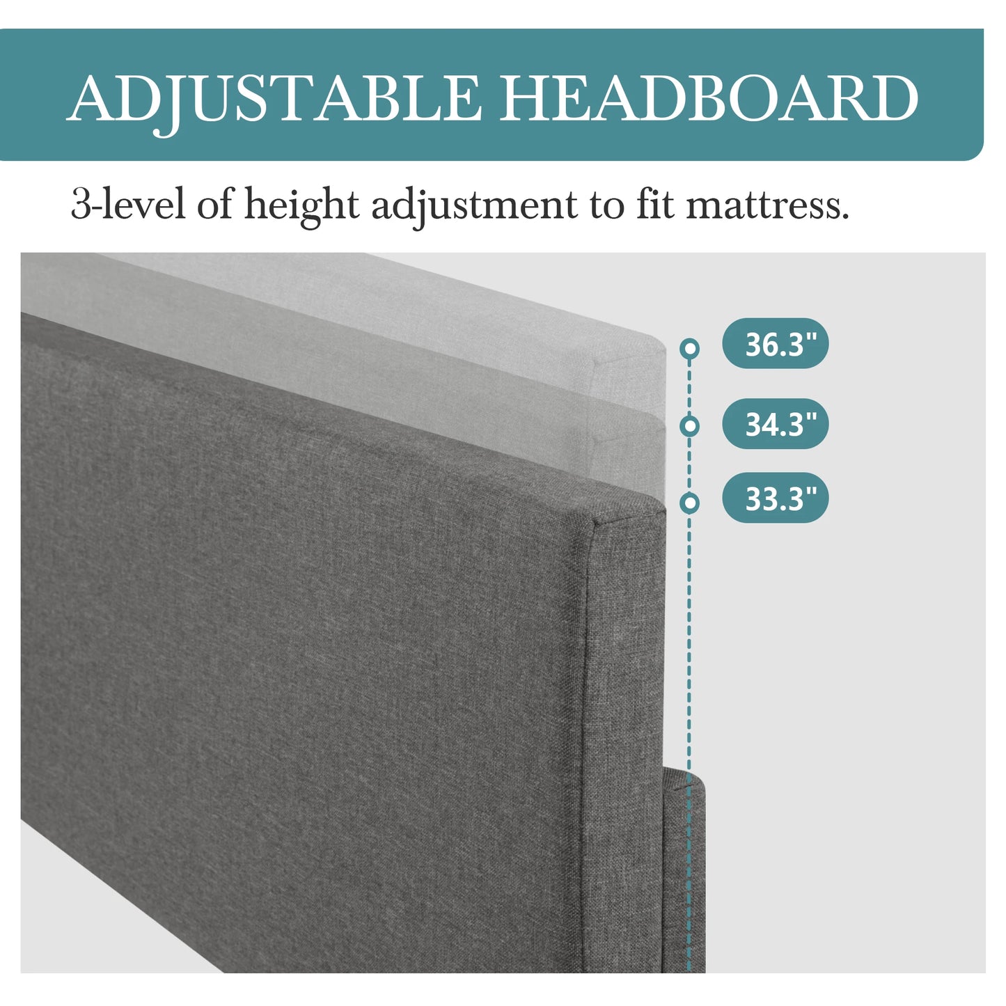 Side view of the upholstered platform bed showcasing its noise-free support system and heavy-duty frame.