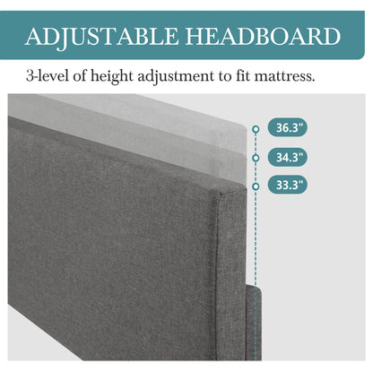 Side view of the upholstered platform bed showcasing its noise-free support system and heavy-duty frame.