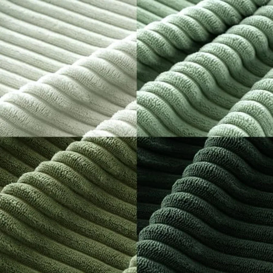 Collage of green textured fabric swatches in different shades.