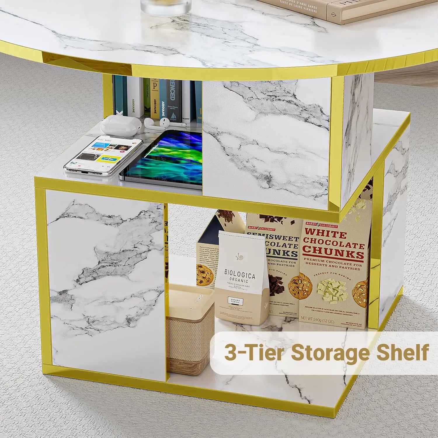 Close-up view of the 30” Round Marble Coffee Table featuring a polished white marble finish and gold edge detailing, perfect for contemporary decor.