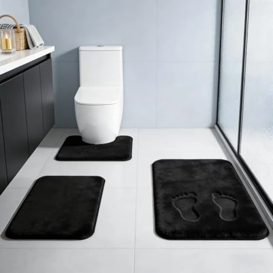 Close-up of the Black Memory Foam Bathroom Rug Set, highlighting the soft texture and water absorbent properties.