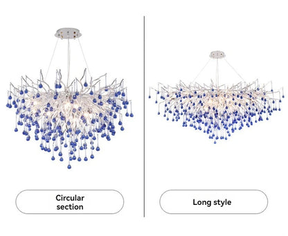 Luxury Chrome Branch  &  Silver Blue Crystal Ceiling Chandelier