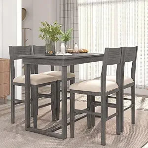 Farmhouse Counter Height 5-Piece Dining Set with Upholstered Chairs – Space-saving farmhouse dining set in gray and beige, perfect for modern kitchens and small dining areas.