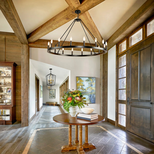 43" Black Farmhouse Wagon Wheel Chandelier – 16-Light Statement Fixture showcasing its stylish black metal frame.