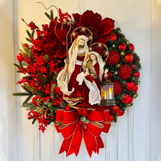 Exquisite 15.75" Christmas Front Door Wreath with LED Lights & Nativity Scene Decor, the perfect christmas front door wreath to welcome guests.