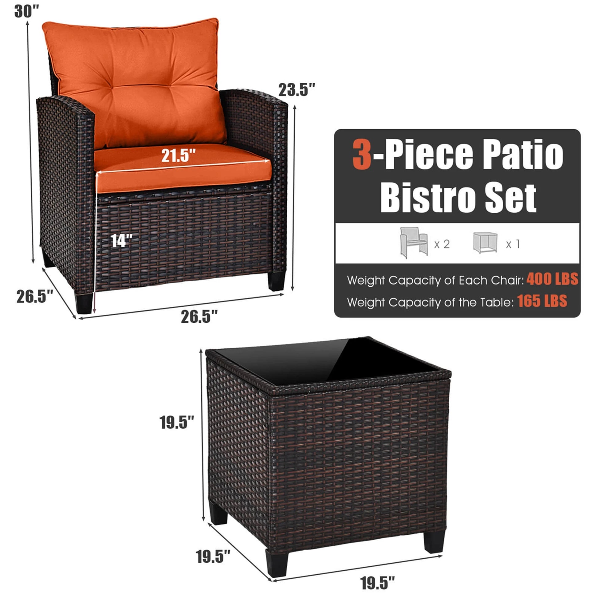View of the 3-Piece Mixed Brown Rattan Wicker Bistro Set for Garden, Balcony & Poolside showcasing the modern design and vibrant orange accents, ideal outdoor wicker bistro set.
