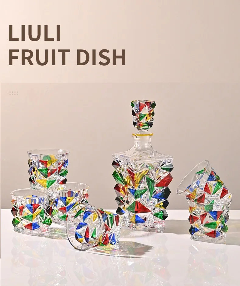 Colorful Wine Decanter & Patterned Glass Set