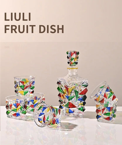 Colorful Wine Decanter & Patterned Glass Set