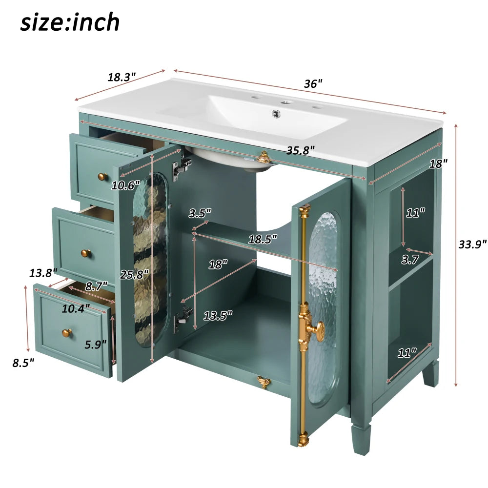 Modern 36" Double Glass Door Bathroom Cabinet w/Undermount Ceramic Sink