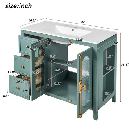 Modern 36" Double Glass Door Bathroom Cabinet w/Undermount Ceramic Sink