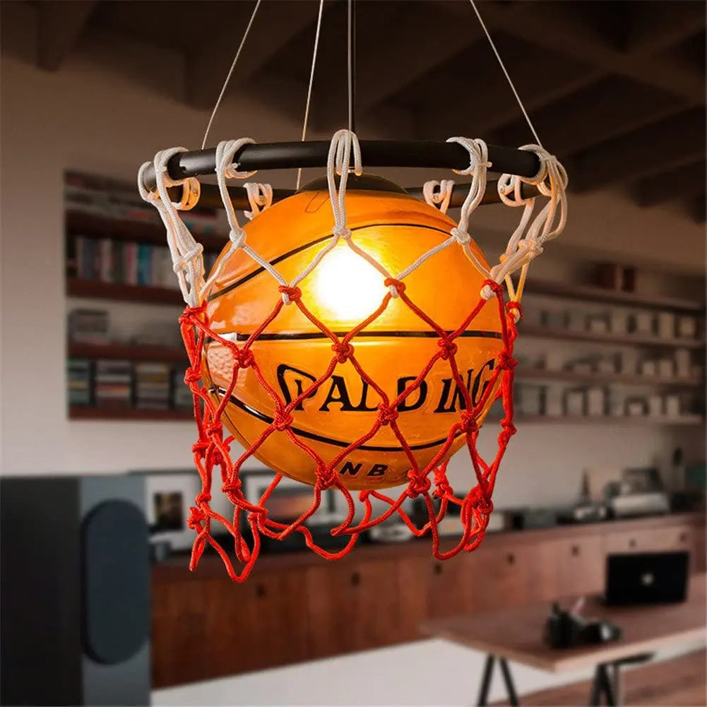 Retro Hanging Basketball LED Light Fixture showcasing vibrant orange and black design, perfect for illuminating any man cave.