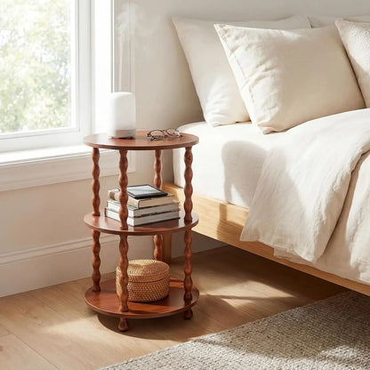Garvee Round Accent Table 3-Tier - Sturdy Wooden Side Table Nightstand - Walnut, compact round accent table beside a sofa