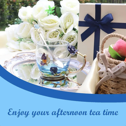 Fancy Butterfly & Rose Glass Tea Cup w/Spoon Gift Box