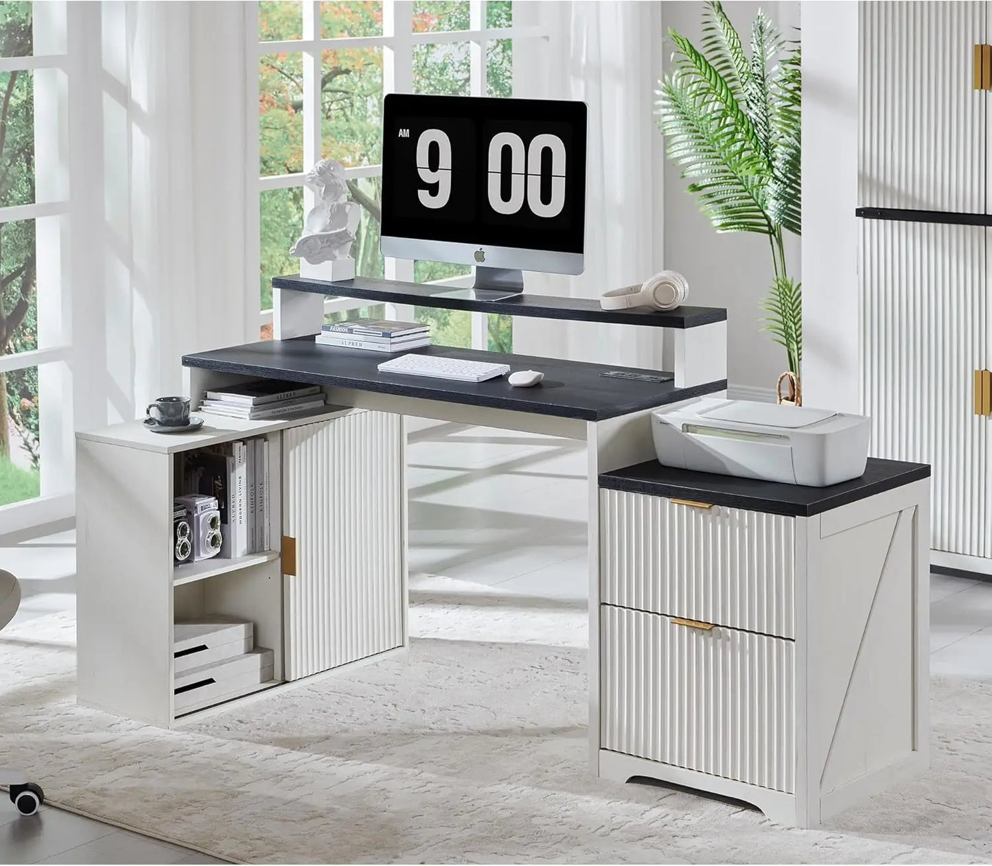 Modern L-shaped Fluted Credenza Desk w/Storage Cabinet & Drawers