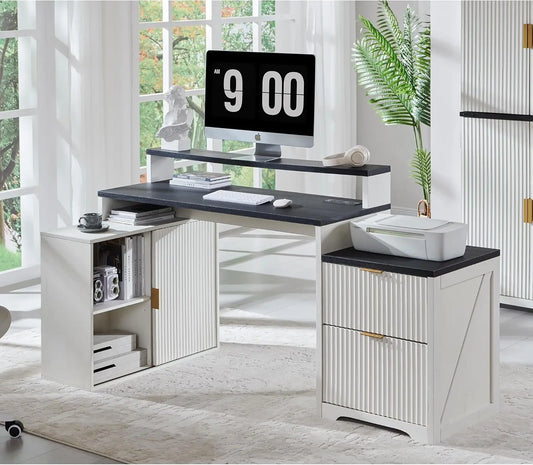 Modern L-shaped Fluted Credenza Desk w/Storage Cabinet & Drawers