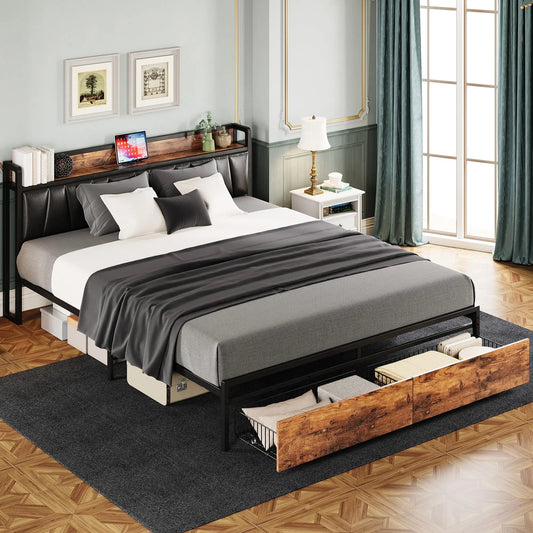 California King Size Platform Bed Frame w/2 Storage Drawers