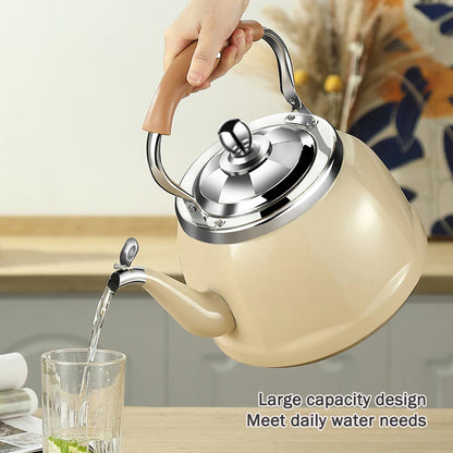 Vintage-inspired stainless steel tea kettle on stovetop, showcasing its large 5L capacity perfect for family gatherings.