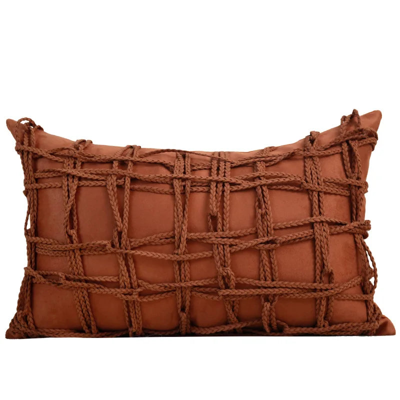 Tillbaka Faux Leather Throw Pillow Cover - Modern Minimalist Woven Hollow Design with geometric details on a black faux leather pillow cover