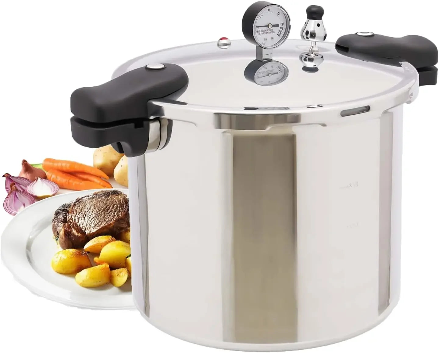 The 23Qt Pressure Canner with Gauge demonstrating safe locking lid features for worry-free cooking.