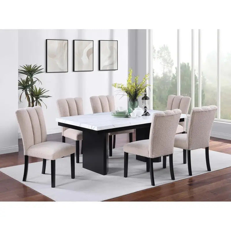 Classic Two-Tone White Faux Marble Top Dining Set with 6 Side Chairs