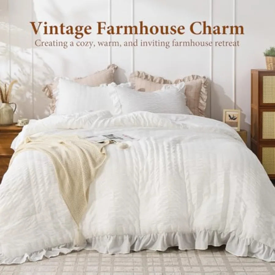 Close-up of the White Ruffle Comforter Set Full Size highlighting the seersucker texture and fluffy all-season comfort.