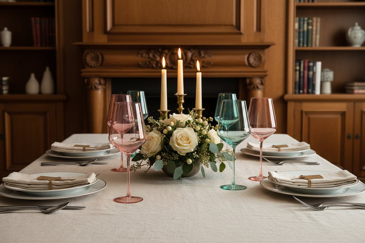 Gift presentation of the Art Deco Colorful Hand Blown Wine Glasses, a perfect choice for weddings and housewarming gifts.