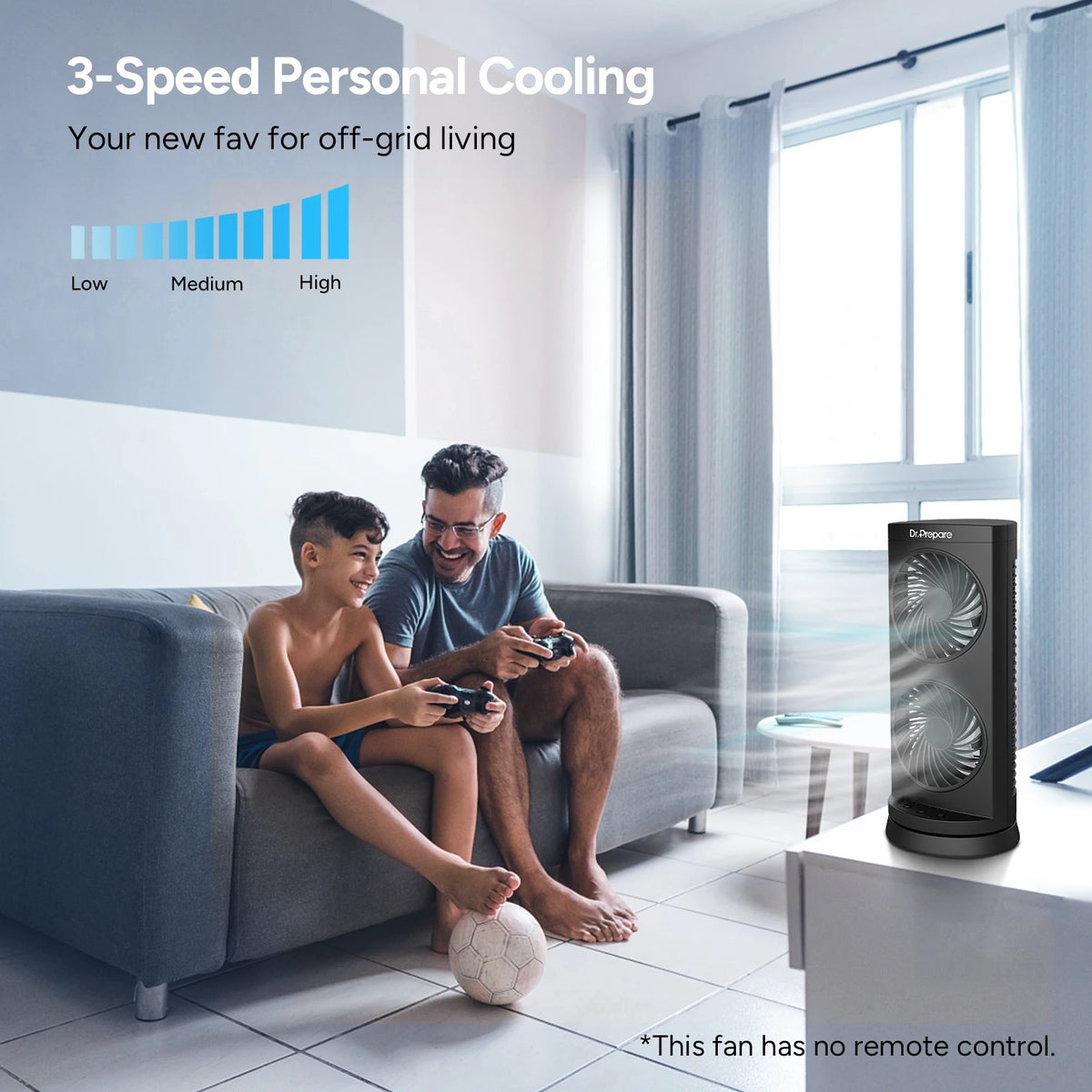 DR.PREPARE Portable Desk Tower Fan - Dual Fan Design with 110° Oscillation - Black, three-speed portable desk fan controls