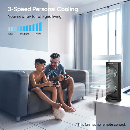 DR.PREPARE Portable Desk Tower Fan - Dual Fan Design with 110° Oscillation - Black, three-speed portable desk fan controls