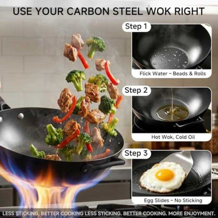 13.5-Inch Pre-Seasoned Carbon Steel Wok with Lid featuring a solid wood handle for comfortable grip.