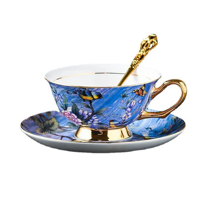 European Bird Pattern Afternoon Tea Cup & Saucer Sets w/Spoons
