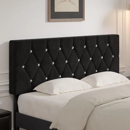 Elegant Queen/King Size Black Velvet Upholstered Headboard w/Diamond Tufting 