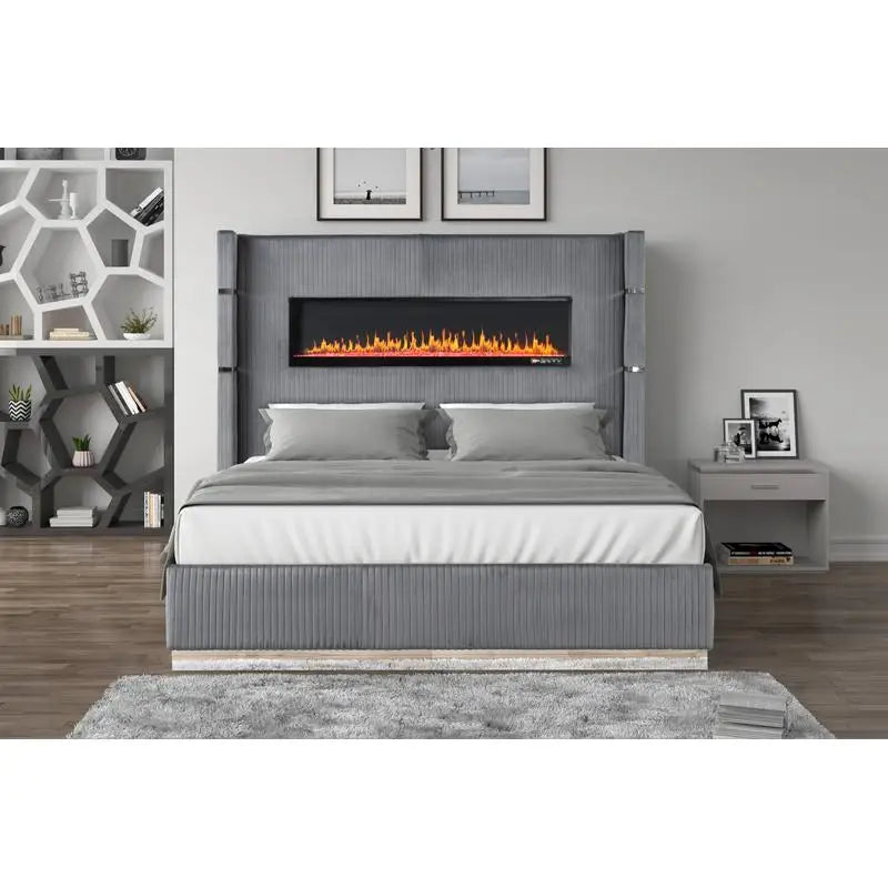 4-Piece Upholstered King Bedroom Set with Ambient Lighting in Gray Velvet Finish