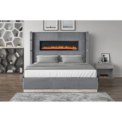 4-Piece Upholstered King Bedroom Set with Ambient Lighting in Gray Velvet Finish