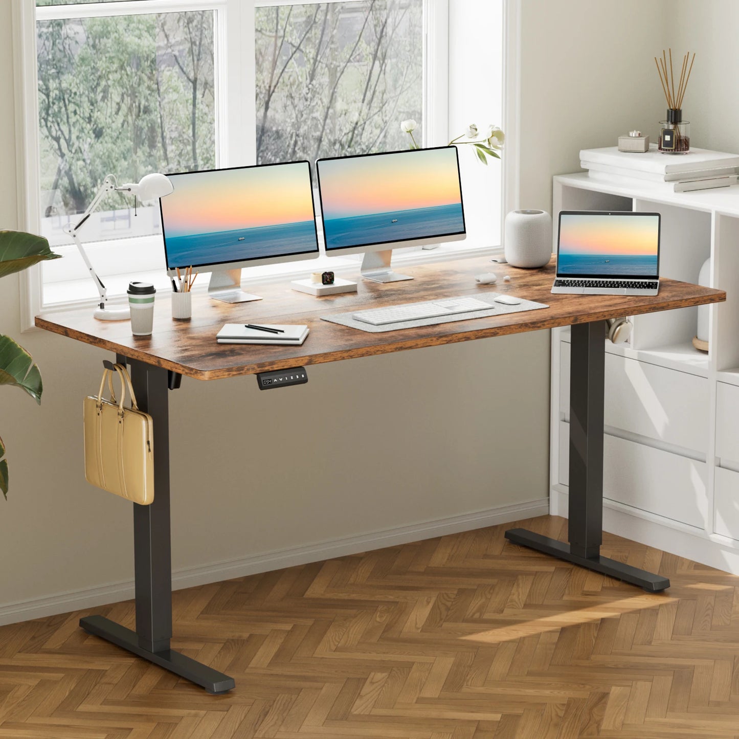 Electric Standing Desk with Memory Presets in rustic brown finish, ideal for a stylish and functional workspace.