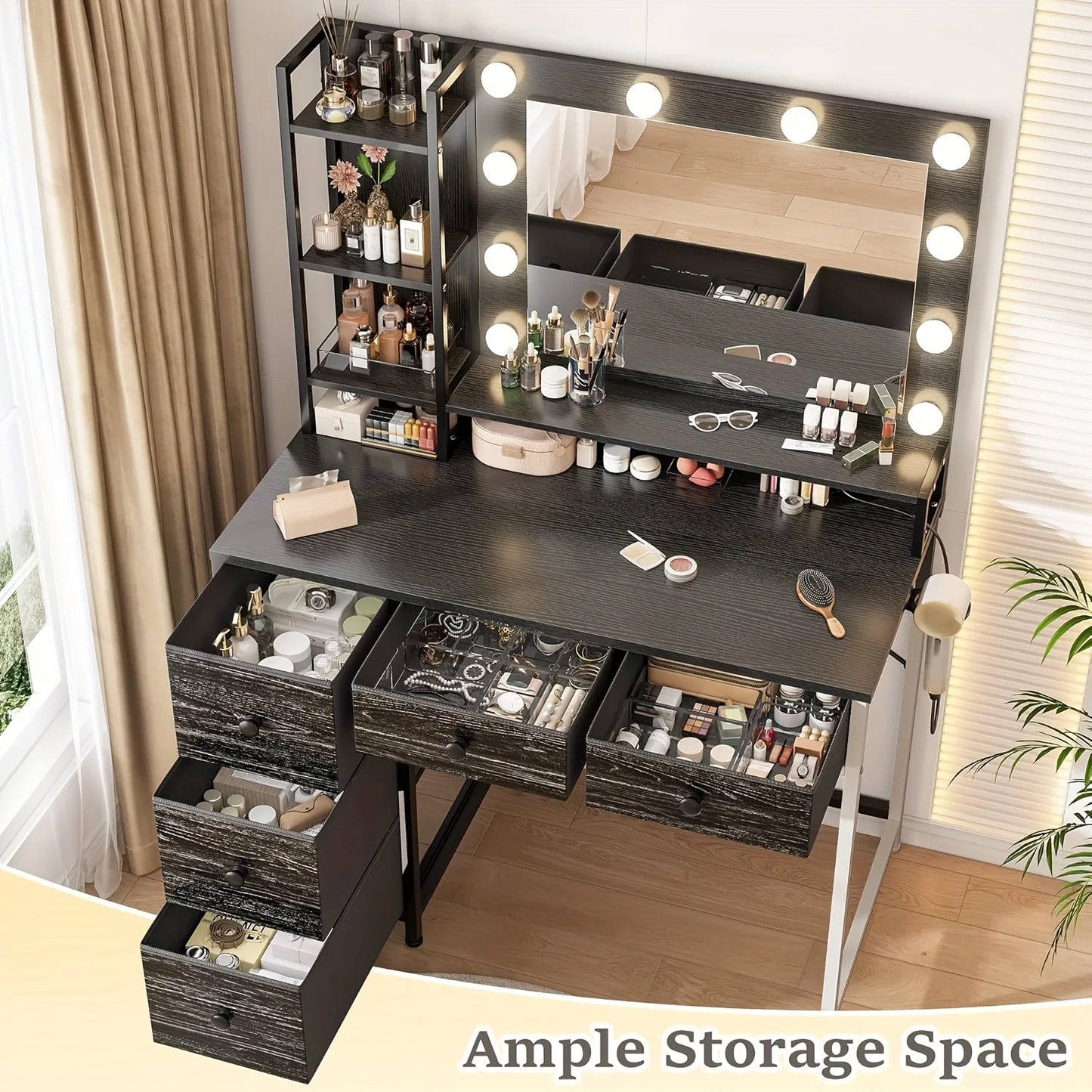Black LED Glam Vanity – 3-Color Mirror