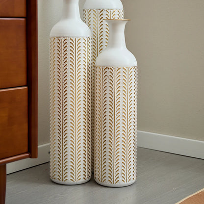 White Tall & Slender Metal Cylindrical Floor Vase~Set of 3
