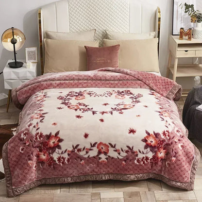 Korean Raschel 2-Ply Heavy Fleece Blanket, 78x90 Queen Size Reversible Geometric Plush Blanket featuring a white design with black and mustard triangles; reversible geometric blanket for modern bedding.
