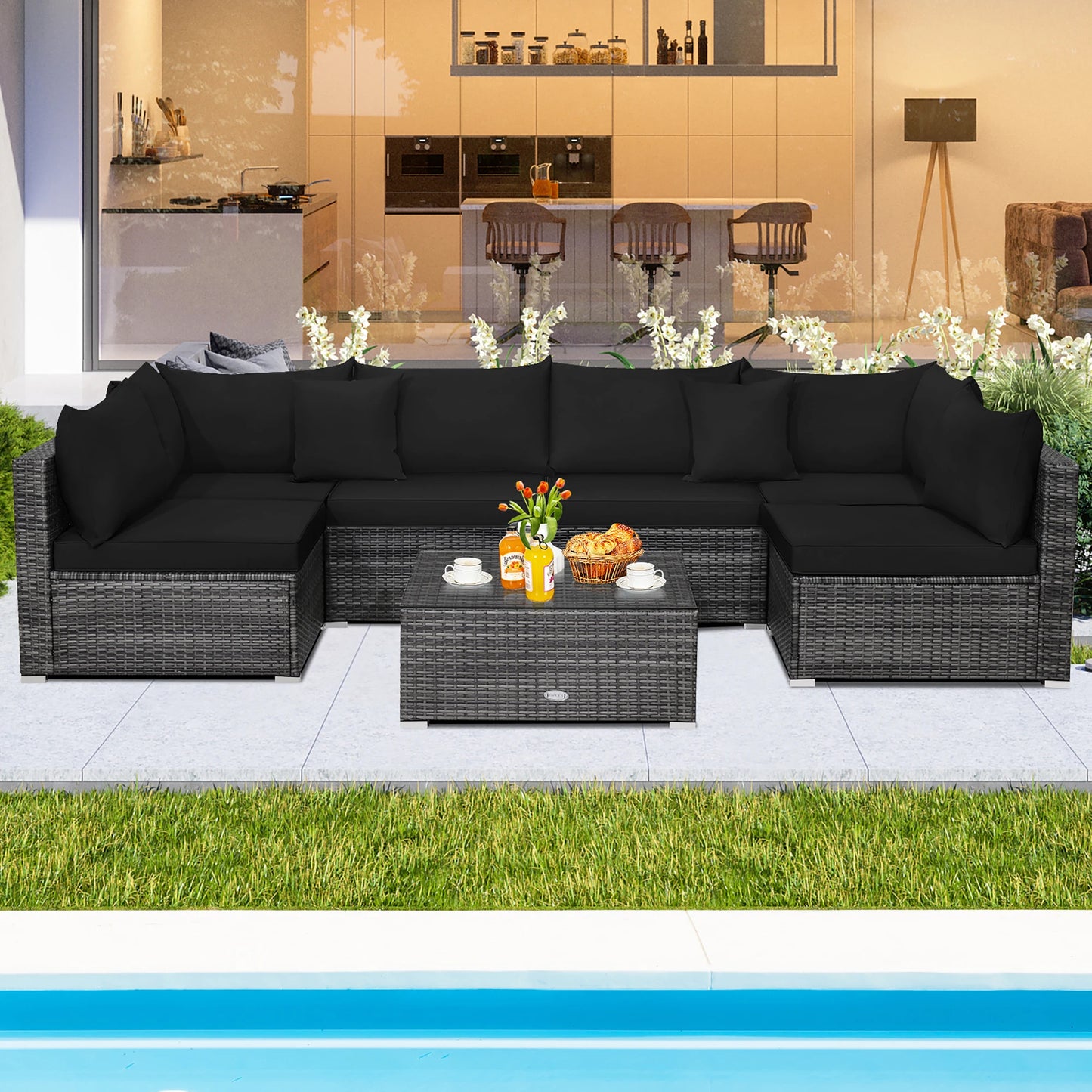 Modern 7-Piece PE Rattan Sectional Sofa Set