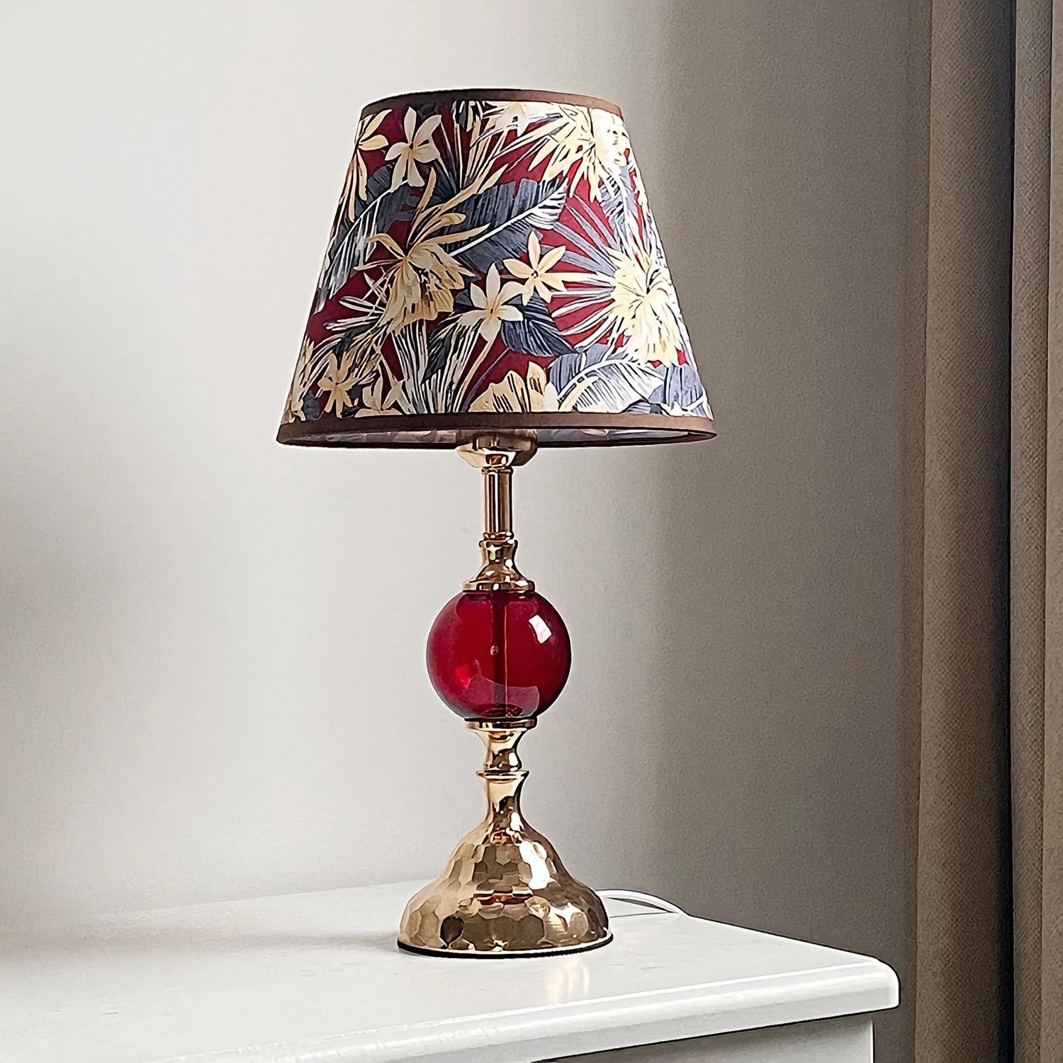 Close-up of the Warm Romantic Touch Switch Bedside Lamp showcasing the vibrant tropical floral fabric shade - perfect modern bedside lamp for cozy rooms