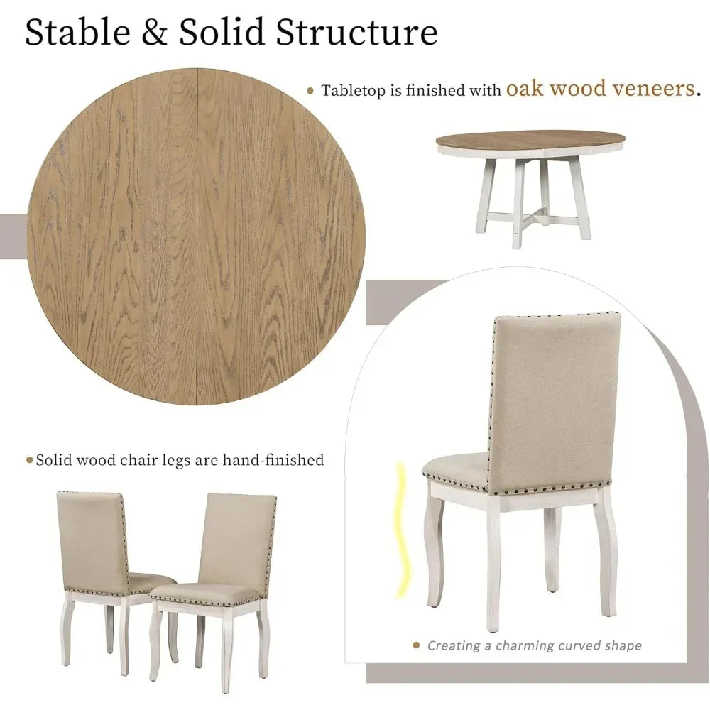 5-Piece Round Natural Wood Dining Table Set for 4