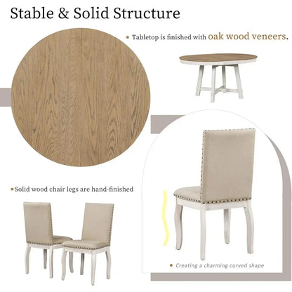 5-Piece Round Natural Wood Dining Table Set for 4