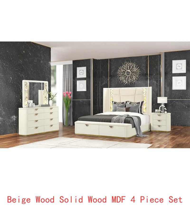 Luxurious 5-Piece Queen Upholstered Beige Bedroom Set w/Gold Accents 
