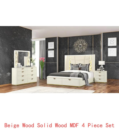 Luxurious 5-Piece Queen Upholstered Beige Bedroom Set w/Gold Accents 