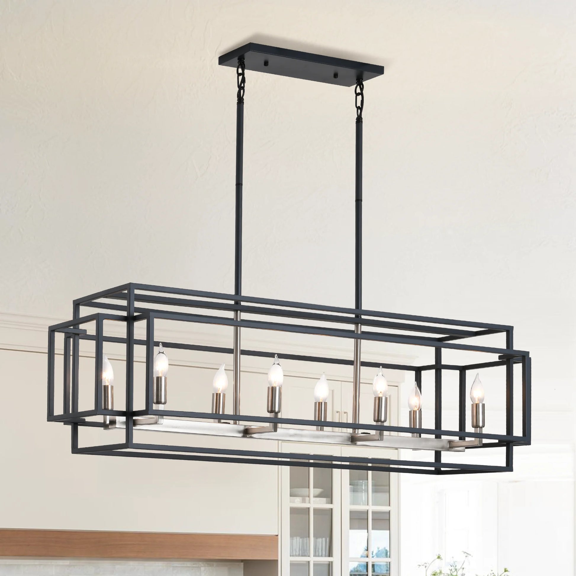Stylish arrangement of the Modern Farmhouse 8-Light Linear Chandelier with Edison-style bulbs, creating a cozy and inviting atmosphere. An ideal modern farmhouse chandelier for your interior.