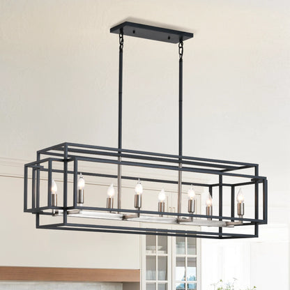 Stylish arrangement of the Modern Farmhouse 8-Light Linear Chandelier with Edison-style bulbs, creating a cozy and inviting atmosphere. An ideal modern farmhouse chandelier for your interior.