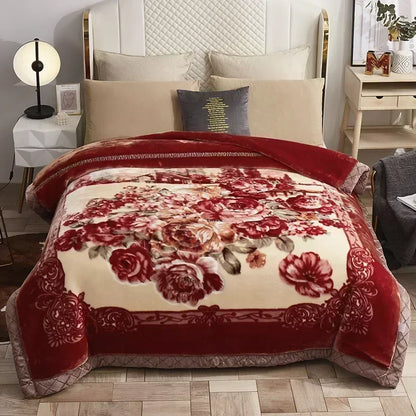 Korean Raschel 2-Ply Heavy Fleece Blanket, 78x90 Queen Size Reversible Geometric Plush Blanket with a red floral heart center; reversible geometric blanket for cozy winter bedding.