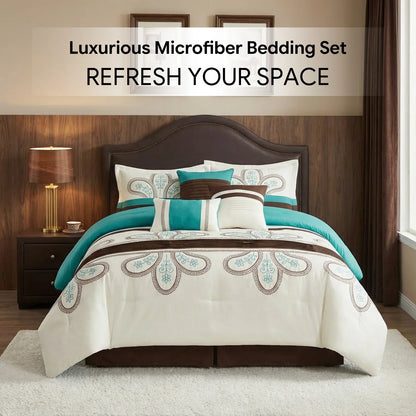Close-up of the Queen King Comforter Set showcasing embroidered floral motifs on soft microfiber fabric.