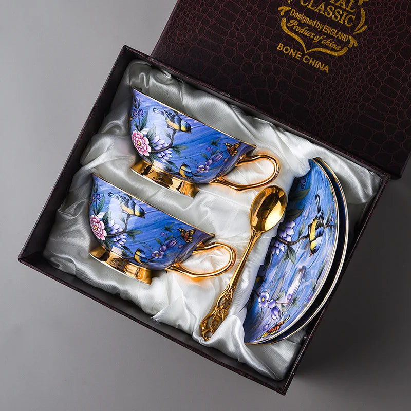 European Bird Pattern Afternoon Tea Cup & Saucer Sets w/Spoons